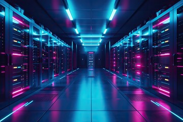 Obraz premium Neatly Organized: High-Tech Server Room Bathed in Intense Fluorescent Glow