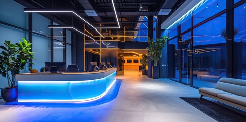 Modern Fusion: Futuristic Office Reception Blending Advanced and Traditional Elements - obrazy, fototapety, plakaty