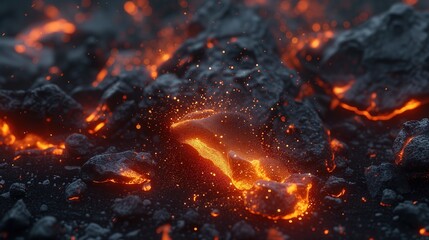 top view close up coal burning with red flame glow under ground,  charcoal and coal energy fuel,  Generative Ai