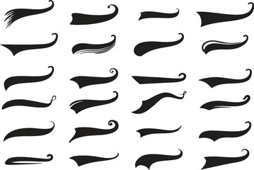 Swishes tail and swooshes collection in editable vector. Sporty swirling tail typography swashes. Swirled plume curly tails sport logo. Swish black retro style, eps 10. - obrazy, fototapety, plakaty