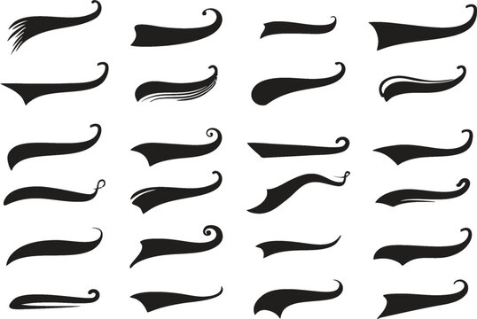 Swishes tail and swooshes collection in editable vector. Sporty swirling tail typography swashes. Swirled plume curly tails sport logo. Swish black retro style, eps 10.
