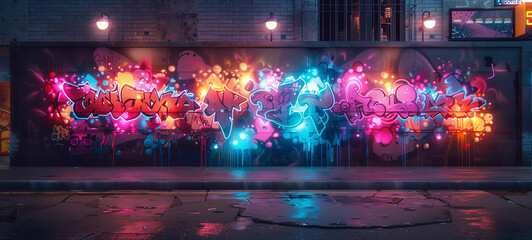 A vibrant graffiti wall illuminated by neon lights, showcasing a mix of urban vibes and street art in a cyberpunk aesthetic.