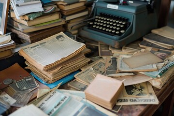 Breaking News Hub: Journalist's Desk Laden with News Clippings, Notebooks, and an Antique Typewriter
