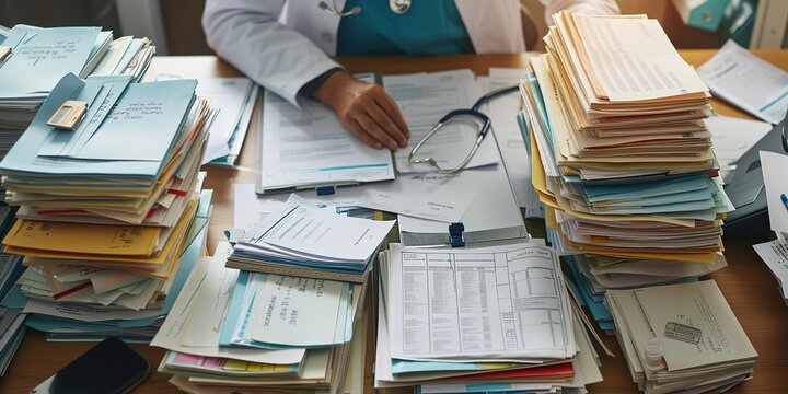 Patient-Centric Workspace: Medical Professional's Desk Laden with Patient Records, Medical Charts, and Diagnostic Reports.