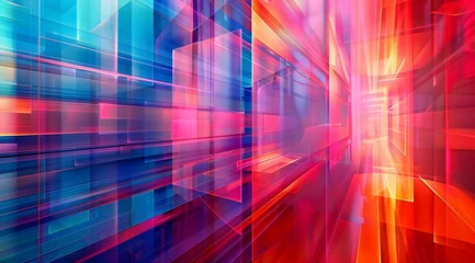Fotobehang Abstract Red and Blue Line Art Background with Dreamlike Architecture © Duanporn