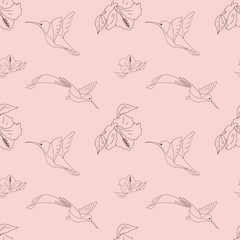 Hummingbird with flower seamless pattern on pink background, stylish combination isolated set, ink sketch illustration. Bird background colibri tropical silhouette art. Black and white hand drawn