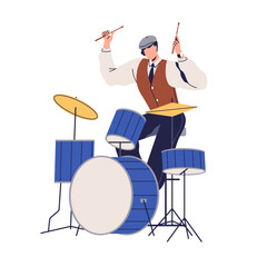 Musician playing with drumsticks at drum kit. Jazz drummer performing retro music at percussion instrument. Elegant man player, solo performance. Flat vector illustration isolated on white background