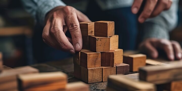 Thoughtful Construction: Hands Arrange Wooden Blocks, Crafting a Tangible Representation of Business Strategy with Keen Focus on Development.