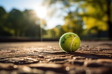 A close-up view of a tennis ball on the court, presenting an excellent opportunity for text and branding integration, making it ideal for presentations, flyers, and promotional materials - obrazy, fototapety, plakaty