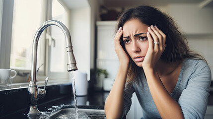 A forlorn woman at her kitchen sink looking worried about a plumbing problem - obrazy, fototapety, plakaty