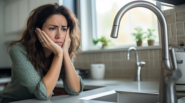 A forlorn woman at her kitchen sink looking worried about a plumbing problem