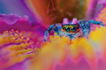Fototapeta premium Colorful jumping spider in the lower petals, macro , contrast, close up, clear details, sharp focus, natural texture