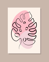 Vector Abstract Poster, Outline of a Plant, Leaf of a Flower and Various Spots, Geometric Shapes in Minimalistic Fashionable Templates for Publications on Social Networks. Background Collage Art. 