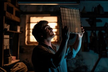 Fototapeta na wymiar Focused craftsman examining a used air filter in a dimly lit workshop, contemplating maintenance. 