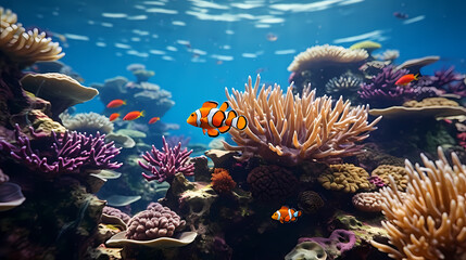 Obraz premium Beautiful undersea tropical fluorescent sea anemone on deep sea coral reef