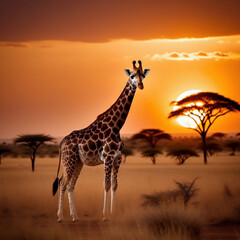 In der goldenen Dämmerung der Savanne reckt eine majestätische Giraffe ihren Hals gen Himmel.  - obrazy, fototapety, plakaty