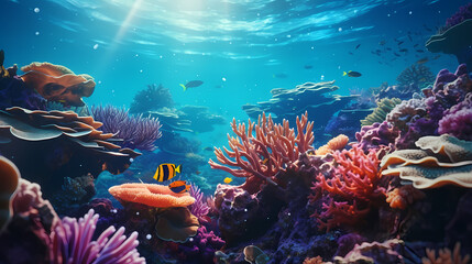 Fototapeta premium Beautiful undersea tropical fluorescent sea anemone on deep sea coral reef