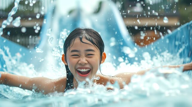 Pretty middle school asian girl sliding from water slide in waterpark recreation vacation centre in summer happily smiling with toothy smile