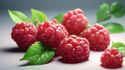 A Ripe red raspberries with green leaves, generative AI