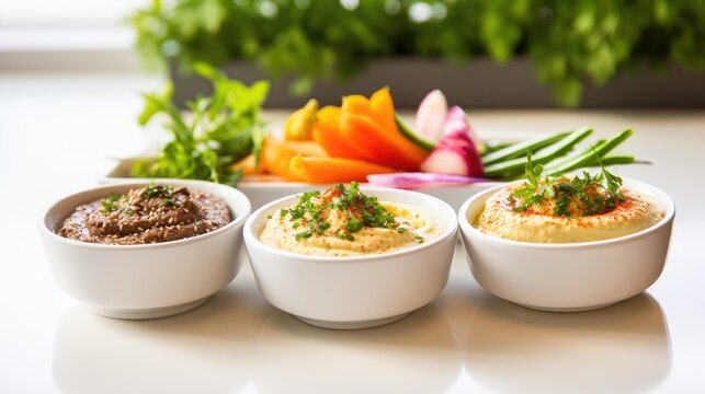 Assorted Bowls of Hummus Served With Fresh Vegetable Sticks and Garnish