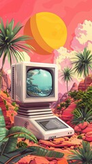 Retro gadgets and space age aesthetics merge creating a pop surrealism vision with groovy patterns