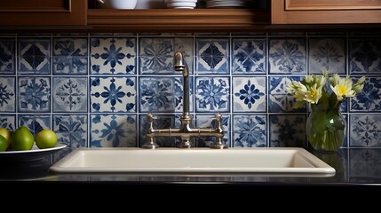 A kitchen sink with a beautiful pattern tiled backsplash and surrounded by blue and wood cabinets