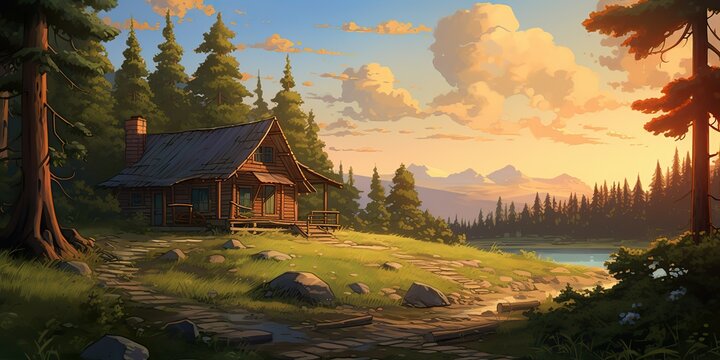 Nature outdoor architecture forest park log timber cabin house home building at sunset. Adventure travel vacation explore relaxing vibe scene