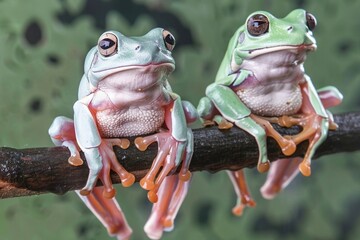 Australian whites tree frog sitting on branch, dumpy frog on branch, Gereen tree frog closeup, Whites tree frog "litoria caerulea"