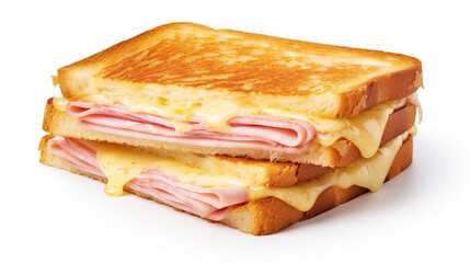 Cheese and ham toasted melt with grill marks. Isolated on white background