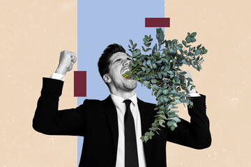 Collage picture of black white colors elegant guy raise fists accomplish scream yeah plant leaves...