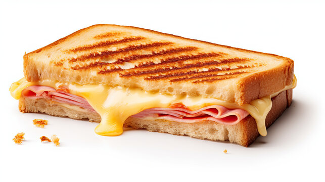 Cheese and ham toasted melt with grill marks. Isolated on white background