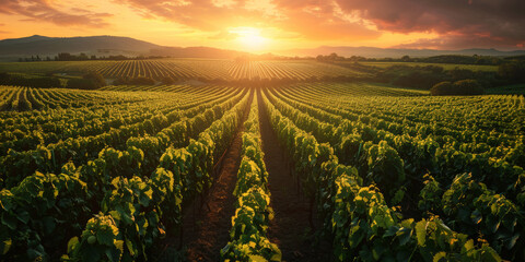 Sunrise Over Lush Vineyard.
Sun rising over rows of grapevines in a vineyard. - obrazy, fototapety, plakaty