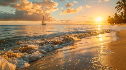 Fotobehang A serene sunset beach scene with gentle waves, golden hues, palm trees and a distant sailboat © Alexandra