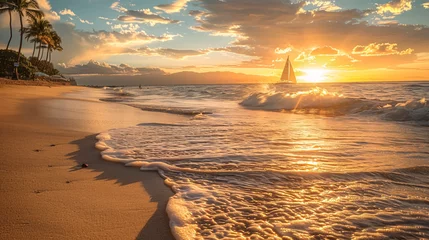 Rolgordijnen A serene sunset beach scene with gentle waves, golden hues, palm trees and a distant sailboat © Alexandra