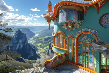 A bright, art nouveau-style house on a mountain summit, with a stunning valley view. The intricate designs of the house are complemented by Easter-themed stained glass windows - obrazy, fototapety, plakaty
