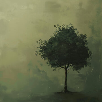 lonely tree in the fog with leaves