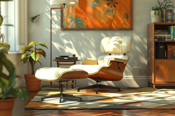 A mid-century modern office with a Eames chair, a geometric rug, a floor lamp, and a record player.