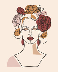 Woman face with flowers in her hair, line drawing art. - Vector illustration