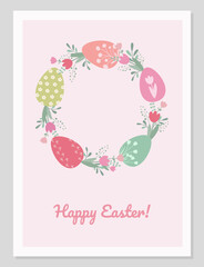 Easter card simple in vintage design. Cute easter bunny and easter eggs vector illustration.