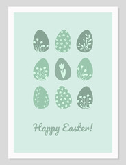 Easter card simple in vintage design. Cute easter bunny and easter eggs vector illustration.