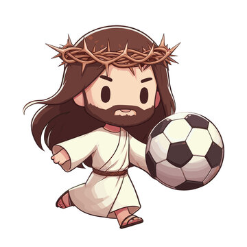 Chibi jesus is having fun playing soccer