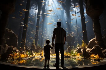 Father and son observing fish in large aquarium as stingrays and sharks swim together