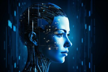 Futuristic AI concept with a cybernetic woman's head profile.