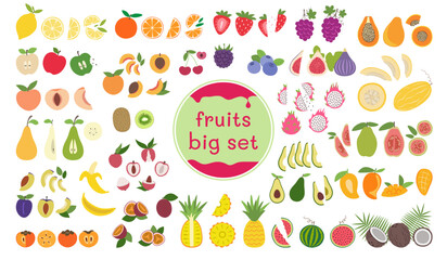 Fruit and berries illustrations pack in flat design. Big set of fruit for stickers in simple style. - obrazy, fototapety, plakaty