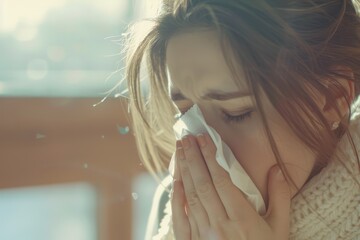 Young woman blowing her nose, sunlight highlighting her distress and illness.