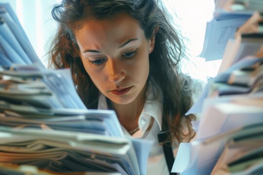 Overwhelmed Young Woman Working Late, Surrounded By Piles Of Paperwork In Soft Light.