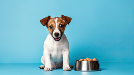 Dog sitting next to a bowl of food isolated on blue background - obrazy, fototapety, plakaty