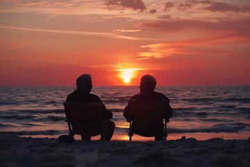 Elderly couple enjoying a sunset at the beach, a tranquil moment of togetherness.