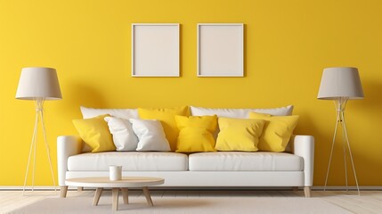 Beige sofa with yellow pillows and two side tables with lamps against vibrant yellow wall with poster frame