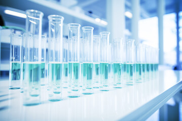 transparent liquids in glass containers on a light table, suitable for scientific study, experiments, or medical analysis.
